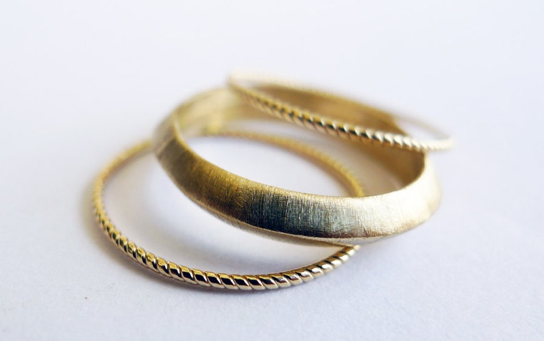 Gold Eclipse Ring Set. 14K Ring Set: 1 Knife Edge Band 2 Thin Rope Gold Enhancer Rings. Handmade Antique Style Recycled 14K Gold Band. image 4