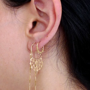 Joy. 14K Solid Gold Hand Made Hoop Earring. Unique Dew Drops Loop Gold Earring. Recycled Gold Eco Friendly Dainty Sparkly Tiny Balls Hoop. image 6