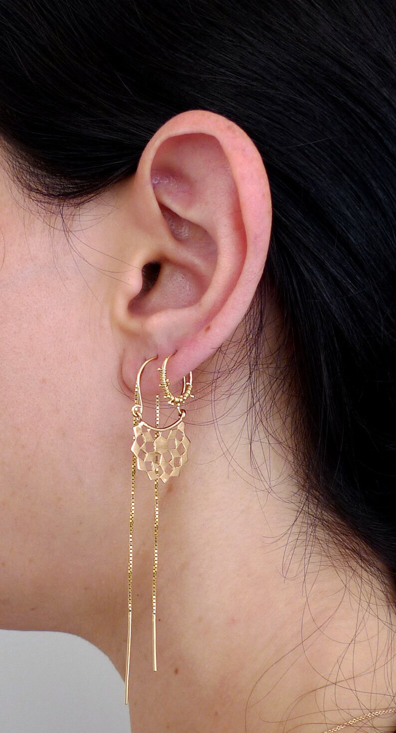 Joy. 14K Solid Gold Hand Made Hoop Earring. Unique Dew Drops Loop Gold Earring. Recycled Gold Eco Friendly Dainty Sparkly Tiny Balls Hoop. image 6
