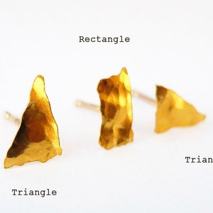 24K Gold Shapes. Unisex Hammered Recycled Pure Gold Earring. Mix & Match One Organic Primitive Rectangle Triangle 8mm 24K Raw Gold Stud. image 5