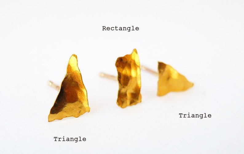 24K Gold Shapes. Unisex Hammered Recycled Pure Gold Earring. Mix & Match One Organic Primitive Rectangle Triangle 8mm 24K Raw Gold Stud. image 5