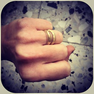 Gold Eclipse Ring Set. 14K Ring Set: 1 Knife Edge Band 2 Thin Rope Gold Enhancer Rings. Handmade Antique Style Recycled 14K Gold Band. image 7