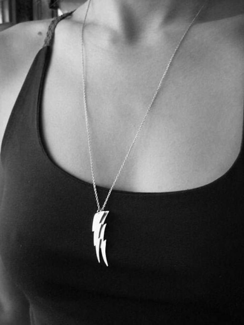 Flash Gordon. Double Lightning Bolt Pendants Recycled Sterling Silver Hand Cut on Long Chain. Unisex Rough Animation Duo Bolt Necklace. image 1