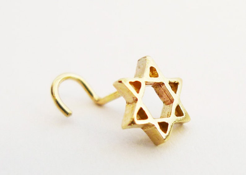 handmade recycled 14 karat gold star of david nose stud earring screw shape L shape Bone shape jewish symbol protection sign solid gold magen david judaica