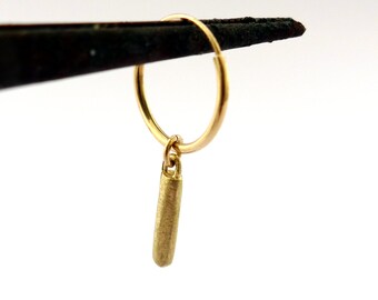 Dangling Wand Charm. 14K Gold Hanging Stick Earring. 14k Hoop With Hanging Rustic Earthy Wand Charm. Gold Dynamic Small Stick Charm Hoop.