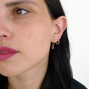 Joy. 14K Solid Gold Hand Made Hoop Earring. Unique Dew Drops Loop Gold Earring. Recycled Gold Eco Friendly Dainty Sparkly Tiny Balls Hoop. image 2