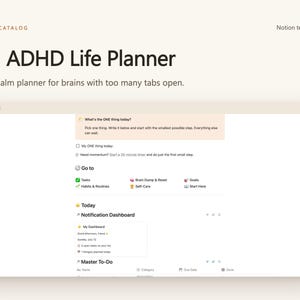 May include: A digital Notion template titled ADHD Life Planner with a leaf icon. The interface features sections for daily tasks, a notification dashboard, and a master to-do list, designed to help organize thoughts with a clean, light-colored layout.