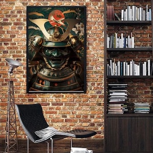 Emerald Samurai Helmet Printable Poster – Japanese Warrior Art, Bushido Wall Decor, Futuristic Digital Instant Download