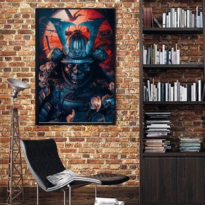 Blue Samurai Helmet Printable Poster – Japanese Warrior Art, Futuristic Bushido Decor, Digital Download