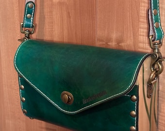 Leather Handbag-Green Leather Epoxy and Tan Suede on Poplar