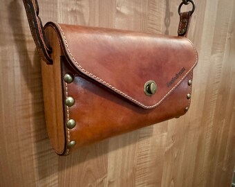 Leather Handbag-Brown Leather and Carmel Suede on Mahogany