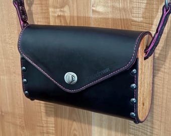 Leather Handbag-Black Leather and Pink Suede on Mahogany
