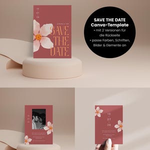 May include: Save the Date card template with a pink floral design and the text "Save the Date" in orange. The card is on a light brown background.