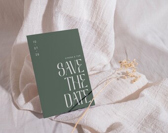 Olivgrün minimalistisch elegante Save the Date Vorlage, moderne einfach Hochzeitskarte bearbeitbare digitale Postkarte Save the Date Download