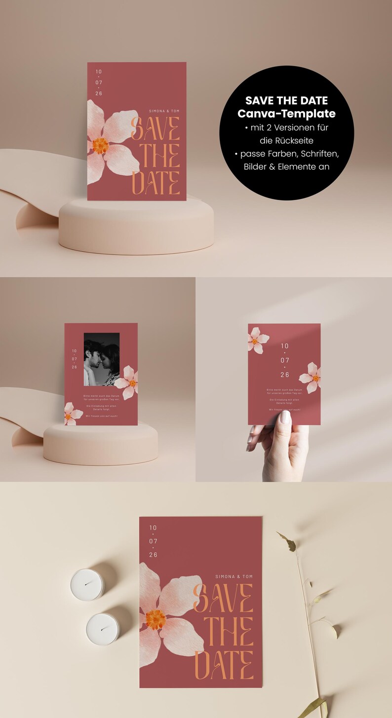 May include: Save the Date card template with a pink floral design and the text "Save the Date" in orange. The card is on a light brown background.