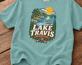 Lake Travis T-Shirt | Vintage Texas Graphic Tee |  Fishing and Boating Cotton Souvenir