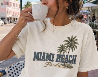 Miami Beach T-Shirt | Florida Vintage Cotton Beach Tee | Palm Trees Graphic Crewneck Souvenir