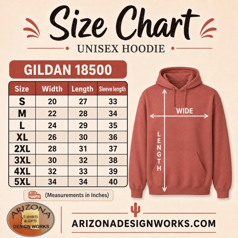 A size chart for a unisex Gildan 18500 hoodie with a table of measurements next to a red hoodie showing measurement arrows.