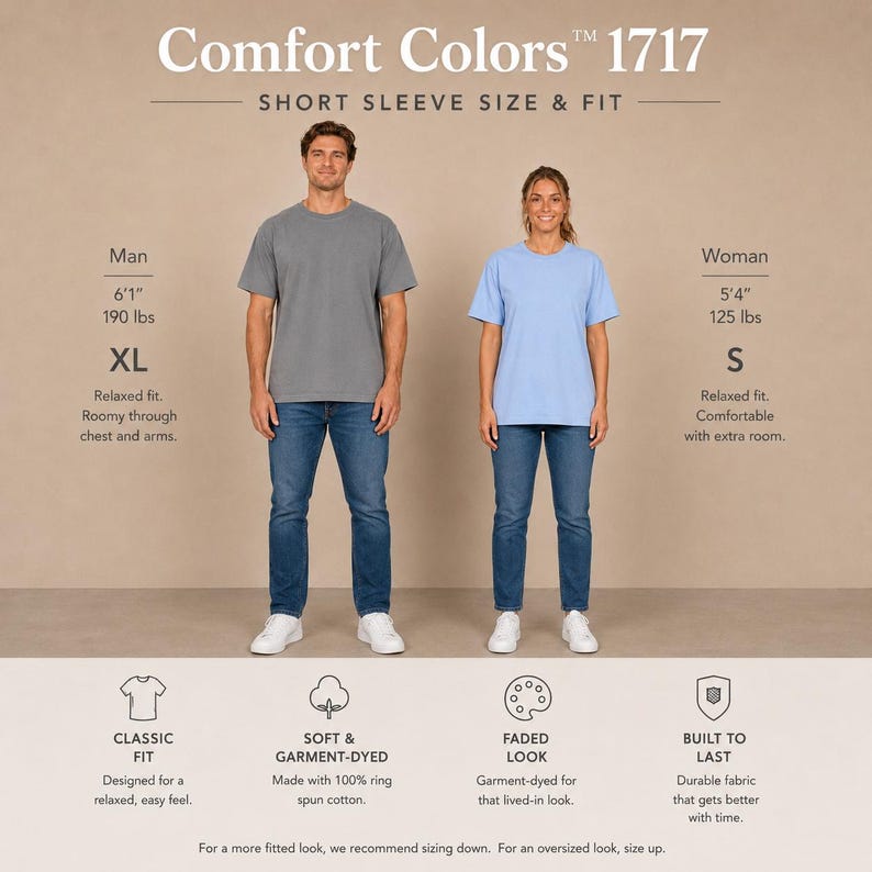 May include: Comfort Colors 1717 short sleeve size and fit chart featuring a gray t-shirt on a person 6'1" 190 lbs in size XL and a light blue t-shirt on a person 5'4" 125 lbs in size S, with text detailing classic fit, garment-dyed fabric, and sizing.