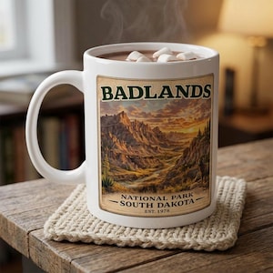 May include: A white ceramic mug filled with hot chocolate and marshmallows, featuring a "Badlands National Park South Dakota" design. The mug sits on a beige knitted coaster on a wooden table. Steam rises from the drink.