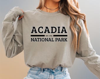 Camiseta con texto del Parque Nacional Acadia / Jersey informal de algodón de manga larga con colores cómodos para senderismo