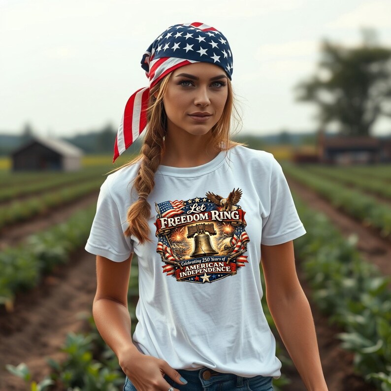 May include: A white t-shirt featuring a graphic print of the Liberty Bell, an eagle, and American flags with the text Let Freedom Ring Celebrating 250 Years of American Independence. A bandana with a blue, white, and red star and stripe pattern.