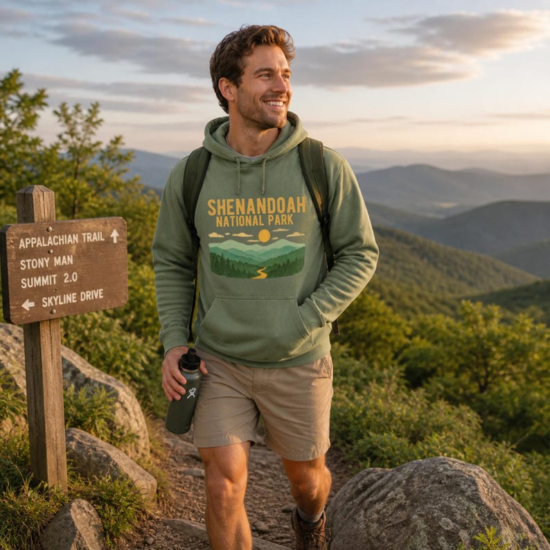 A smiling man wearing a sage green hoodie with a Shenandoah National Park graphic walks on a mountain trail.
