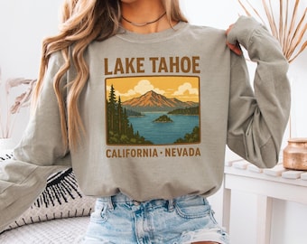 Lake Tahoe Long Sleeve T-Shirt, Mountain Lover Gift, Outdoor Hiking Unisex Garment-dyed Pullover, Enthusiast Tee, Boating Camping Apparel