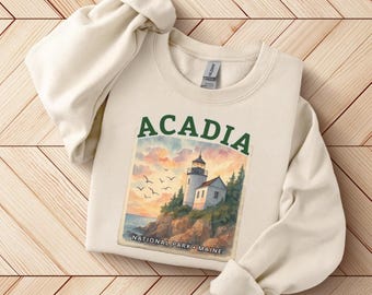 Acadia National Park Sweatshirt, Maine Lighthouse Crewneck, Unisex Pullover, Coastal Vacation Apparel, Beach Hiking Jumper, Gift for Her