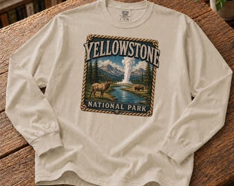Yellowstone Long Sleeve Shirt | National Park Tee with Old Faithful Design | Comfortable Cotton Crewneck