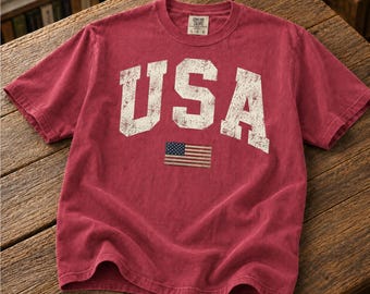 USA T-Shirt | American Flag Tee | Faded Wash Lettering Vintage Cotton Patriotic Crewneck Souvenir