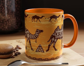 Orange Camel Pattern Accent Coffee Mug, Desert Theme Ceramic Cup, Animal Lover Gift, Unique Kitchen Decor, Southwest Coffee Cup, 11, 15 oz