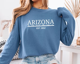 Arizona Cactus Long Sleeve T-Shirt, Southwest Desert Vibes Tee, Unisex Garment-dyed Shirt, Arizona Landscape Top, Cactus Line Apparel