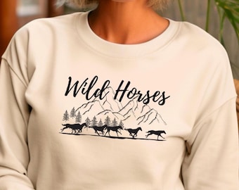 Wilde Pferde Sweatshirt, Reiter Rundhals Pullover, Natur Animal Print Pullover, Ranch Pferde Liebhaber Geschenk, Malerische Kleidung für Wildtiere