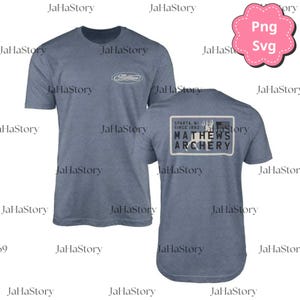 May include: Blue short-sleeved t-shirt with the text "Mathews" in a white oval on the front. The back of the shirt features a rectangular design with "SPARTA, WI SINCE 1992" and "MATHEWS ARCHERY" in white.