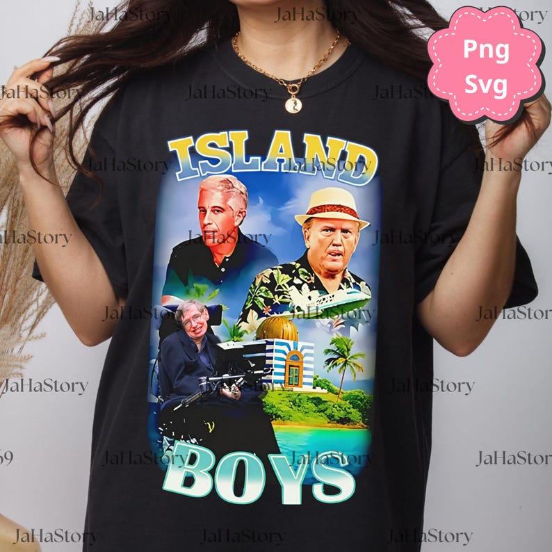 May include: Black t-shirt featuring a graphic with the text "ISLAND BOYS" and images of three men. The graphic includes a tropical scene with palm trees and a building. The shirt is a casual style.