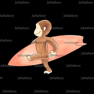 Puede incluir: Ilustración de un mono marrón caminando sobre una tabla de surf color coral. El mono está sonriendo y tiene la cara y las orejas de color marrón claro. La tabla de surf es de color coral claro. El fondo es negro.