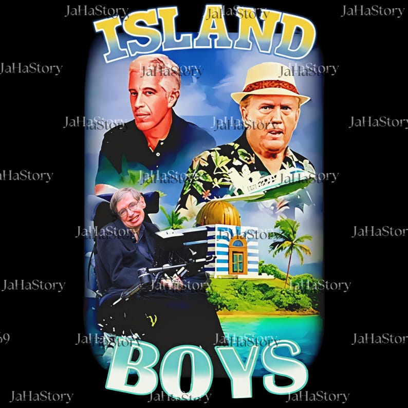 May include: A graphic design featuring the text "ISLAND BOYS" in a stylized font. The design includes portraits of three men, set against a tropical island backdrop with palm trees and a building.