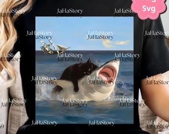 Funny Cat Riding Shark PNG Svg, Epic Ocean Kitty Meme Clipart, Viral Brainrot Cat Design, Cool Cat Digital Download, Sublimation File