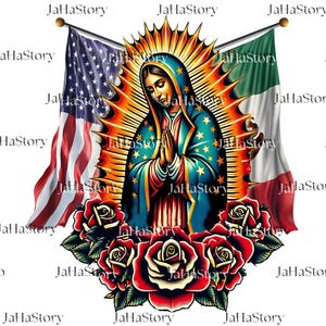 Virgen De Guadalupe Digital Download, Virgin Mary Mexican American Flag Png, Mexican Pride Graphic, Pullover Png, Gift For Him, Gift For Her