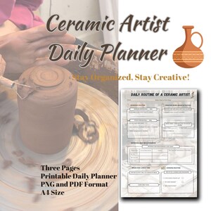 May include: A printable daily planner for ceramic artists. The planner is divided into three sections: morning routine, creative work activities, and evening routine. The planner is designed to help artists stay organised and creative. The planner is available in PNG and PDF format and is A4 size.