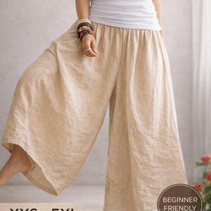 May include: A sewing pattern for wide-leg palazzo pants. The image shows a person wearing beige palazzo pants. The text on the image reads "WIDE LEG PALAZZO SEWING PATTERN" and "XXS-5XL". The image also includes the text "BEGINNER FRIENDLY".