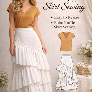Patrón de costura en PDF para falda bohemia con volantes: falda larga fácil de capas con instrucciones detalladas