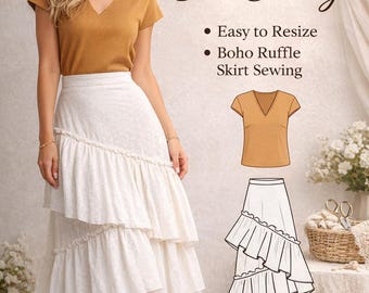 Patrón de costura en PDF para falda bohemia con volantes: falda larga fácil de capas con instrucciones detalladas