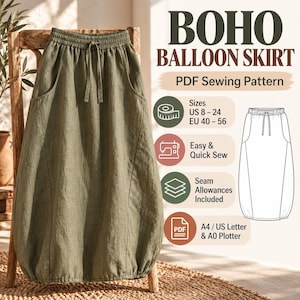 May include: An olive green balloon skirt with an elastic waistband, drawstring, and side pockets. The image includes text: BOHO BALLOON SKIRT, PDF Sewing Pattern, Sizes US 8-24, EU 40-56, Easy & Quick Sew, Seam Allowances Included, A4 / US Letter & A0 Plotter.