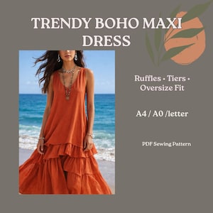 May include: An orange maxi dress with a V-neck and tiered ruffles. The dress is sleeveless and has an oversized fit. The image includes the text "TRENDY BOHO MAXI DRESS" and "Ruffles • Tiers • Oversize Fit".