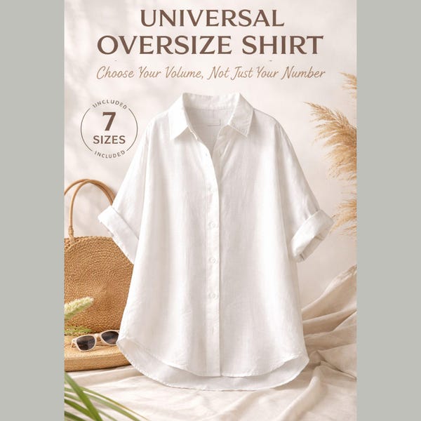 Oversize Kimono-Hemd Muster | 7 Abgestufte Größen, Boho Leinen Bluse (PDF)