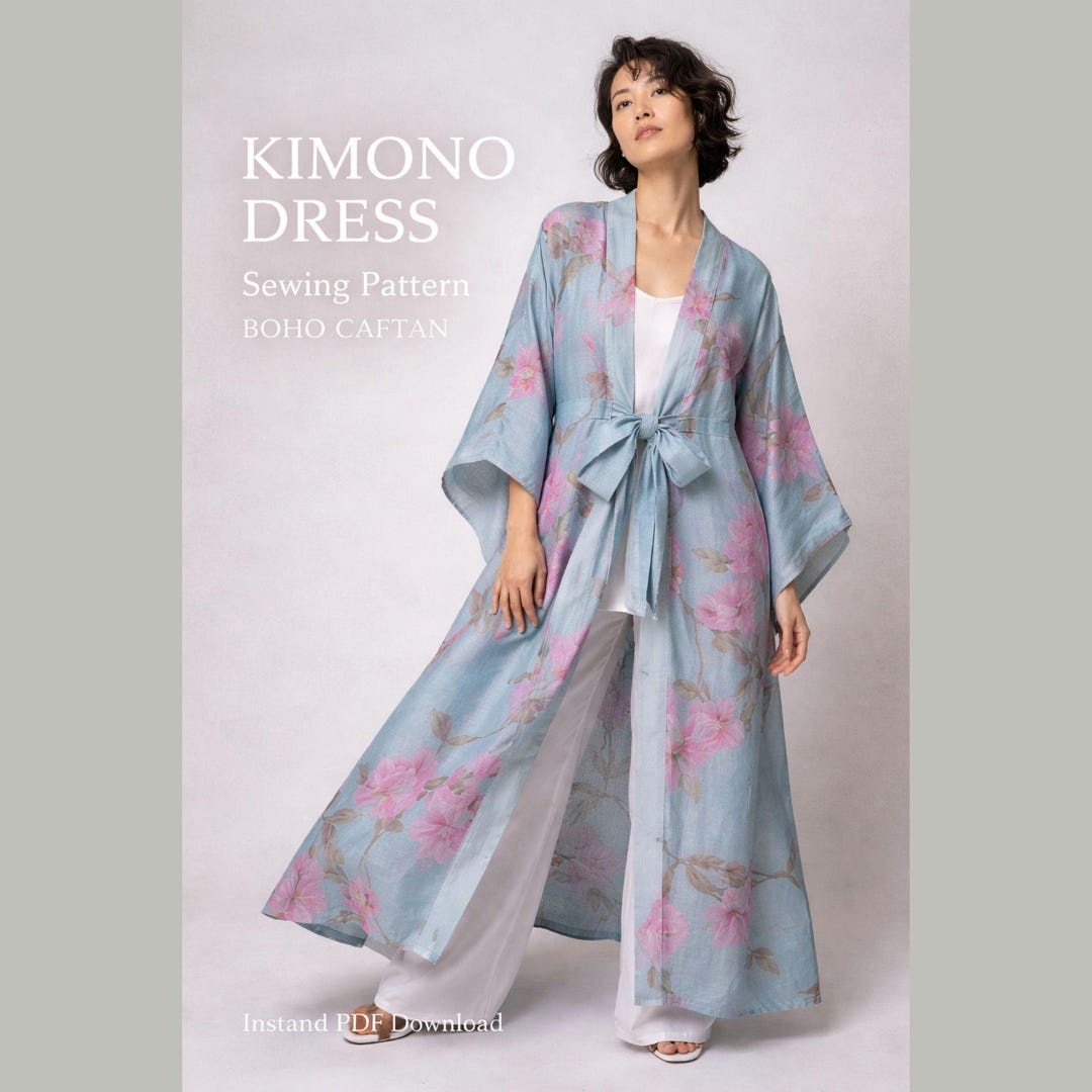 boho kimono dress pattern Sewing Kaftan PDF Oversized Maxi Robe Easy Loungewear Japanesque Gown high stretch Adrianna Papell Tuxedo Mermaid Color:Indigo Blues and versatile midi dress