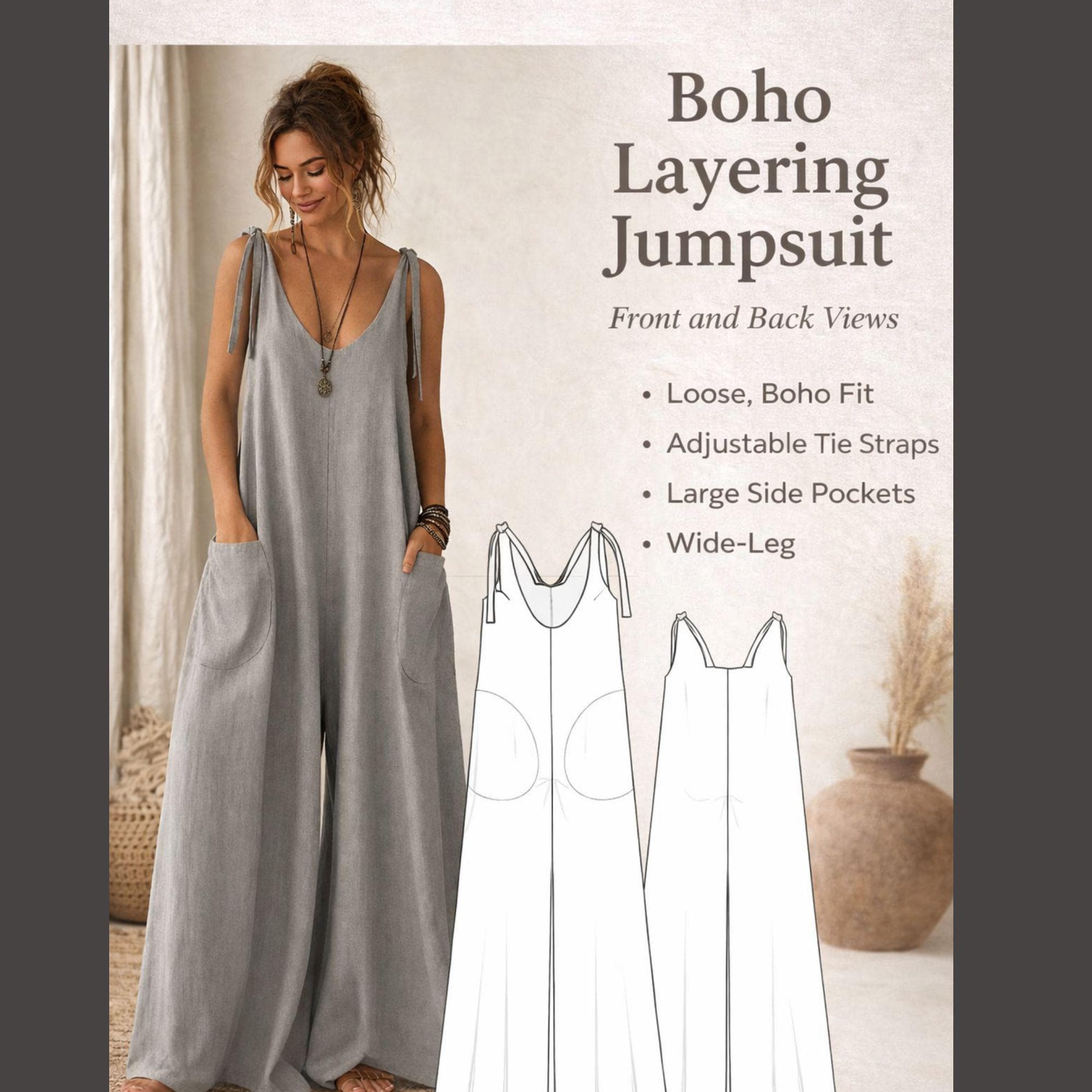 Boho Wide Leg Jumpsuit Pattern | Easy Sew No Zipper Sewing Guide (PDF ...