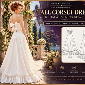 Tall Corset Wedding Dress Sewing Pattern PDF, Size XS Prom Gown Tutorial, Big Bow Bridal Pattern, Bustier Ball Gown Height 173-180cm